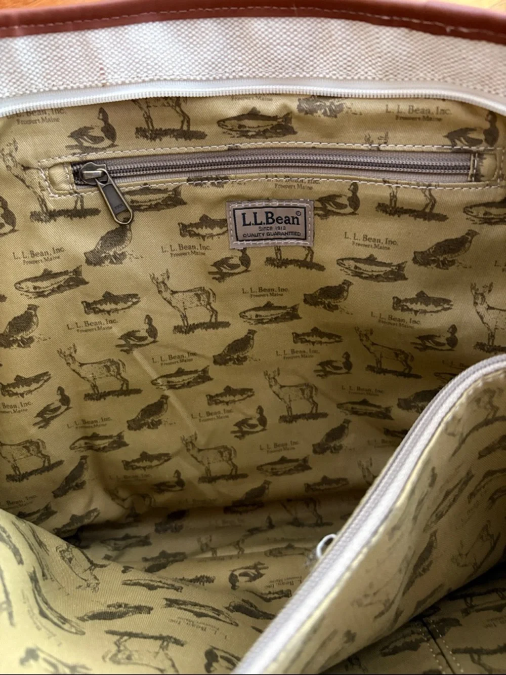 L.L. Bean Boat & Tote Bag canvas jute Leather handles and details - Picture 4 of 7